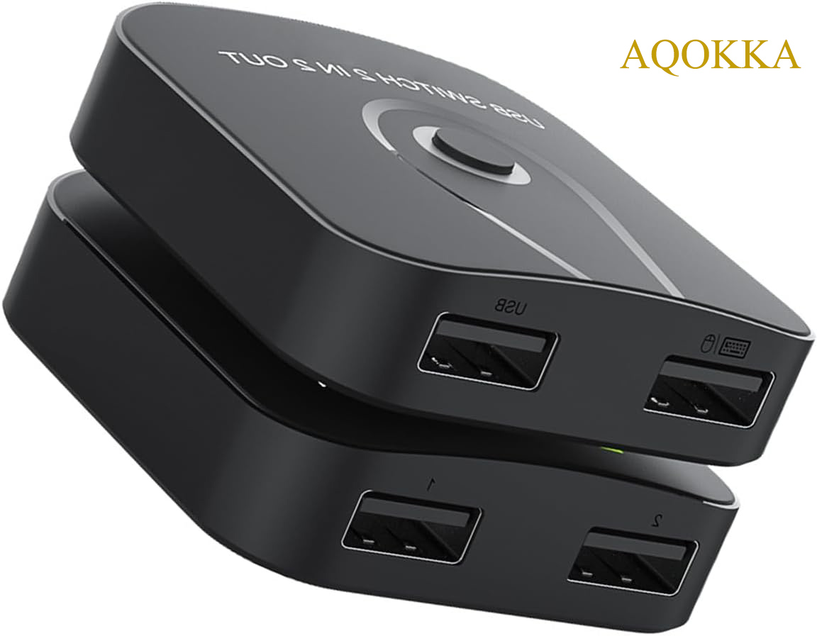 AQOKKA USB 2.0 Switch Selector 2 Computers Share 2 USB 3.0 Ports KM Switcher USB for PC Laptop Keyboard Mouse Printer Scanner One Button Switch Adapter with 2 Pack USB 2.0 Cables