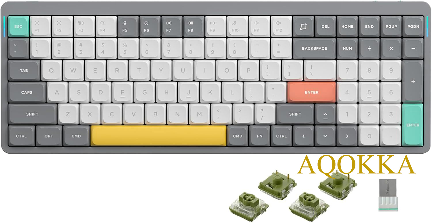 AQOKKA Air96 V2 Wireless Mechanical Keyboard,100 Keys Gaming Keyboard,Supports Bluetooth 5.1,2.4G and Wired Connection,for PC/Laptop/Windows/Mac -Grey Gateron Moss Switch
