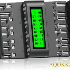 AQOKKA 16 Bay LCD Universal Battery Charger for 1.2V AA AAA C D Size Rechargeable Batteries 1.2V AA AAA Ni-MH Ni-CD Household Rechargeable Battery, Fast Charging (Included Wall AC Charger)