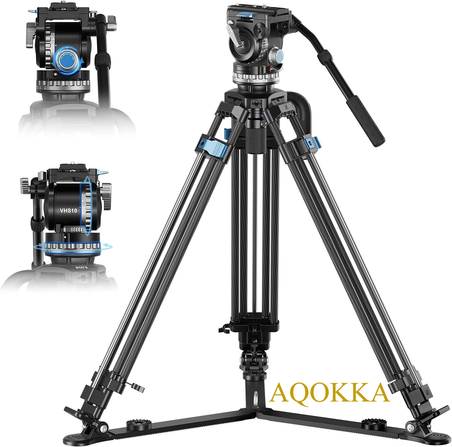 AQOKKA SQ75+VHS10 Carbon Fiber Tripod, 71.7” Video Tripod with Professional Video Fluid Head, 7-Step Counterbalance, 4-Step Tilt/Pan Damping Adjust, Rapid Setup Tripod for Camera, Max Load 10kg/22lb