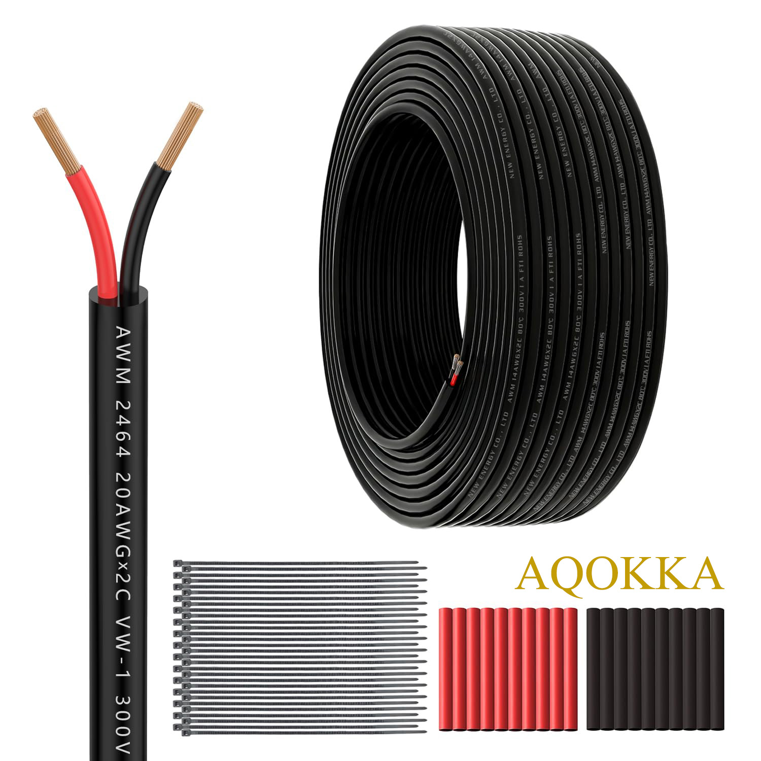 AQOKKA 20 Gauge 2 Conductor Electrical Wire 200feet 20/2 Extension Cable UL2464 DC5V/12V/24V/300V 20AWG Stranded Pure Copper Low Voltage Wire for Automotive Lamps Strip Waterproof Outdoor Landscape Wire