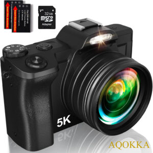 AQOKKA 5K Digital Camera for Photography, WiFi Auto Focus Vlogging Video Camera for YouTube with 32GB SD Card, 6-axis Anti-Shake 3.5" Screen Fill Light 5K Camera with 58mm UV Filter, 16X Digital Zoom Camera