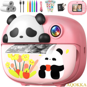 AQOKKA Panda Kids Camera Instant Print Photo with 32G Card, 1080P HD Video Instant Cameras Age 3-12, Digital Toddler Camera Toys with Color Pens for DIY 3-12 Year Old Girls Boys Gifts Birthday, Pink