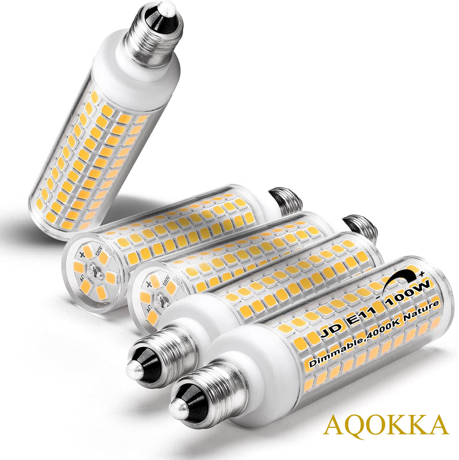 AQOKKA JDE11 Led Bulbs 120V 100W Halogen Candelabra Bulbs Equiva Dimmable,T3 T4 Mini Base JD E11 Bulb,4000K Natural White 10W 1000LM E11 for Chandeliers,Candelabra,Ceiling Fan, Table Cabinet Lighting,5Pack