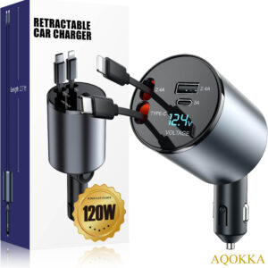AQOKKA Retractable Car Charger 120W, 4 in 1 Super Fast Charge Car Phone Charger, Retractable Cables and 2 USB Ports, Car Charger Adapter for iPhone 15/14/13/12 Pro Max XR, iPad, Samsung