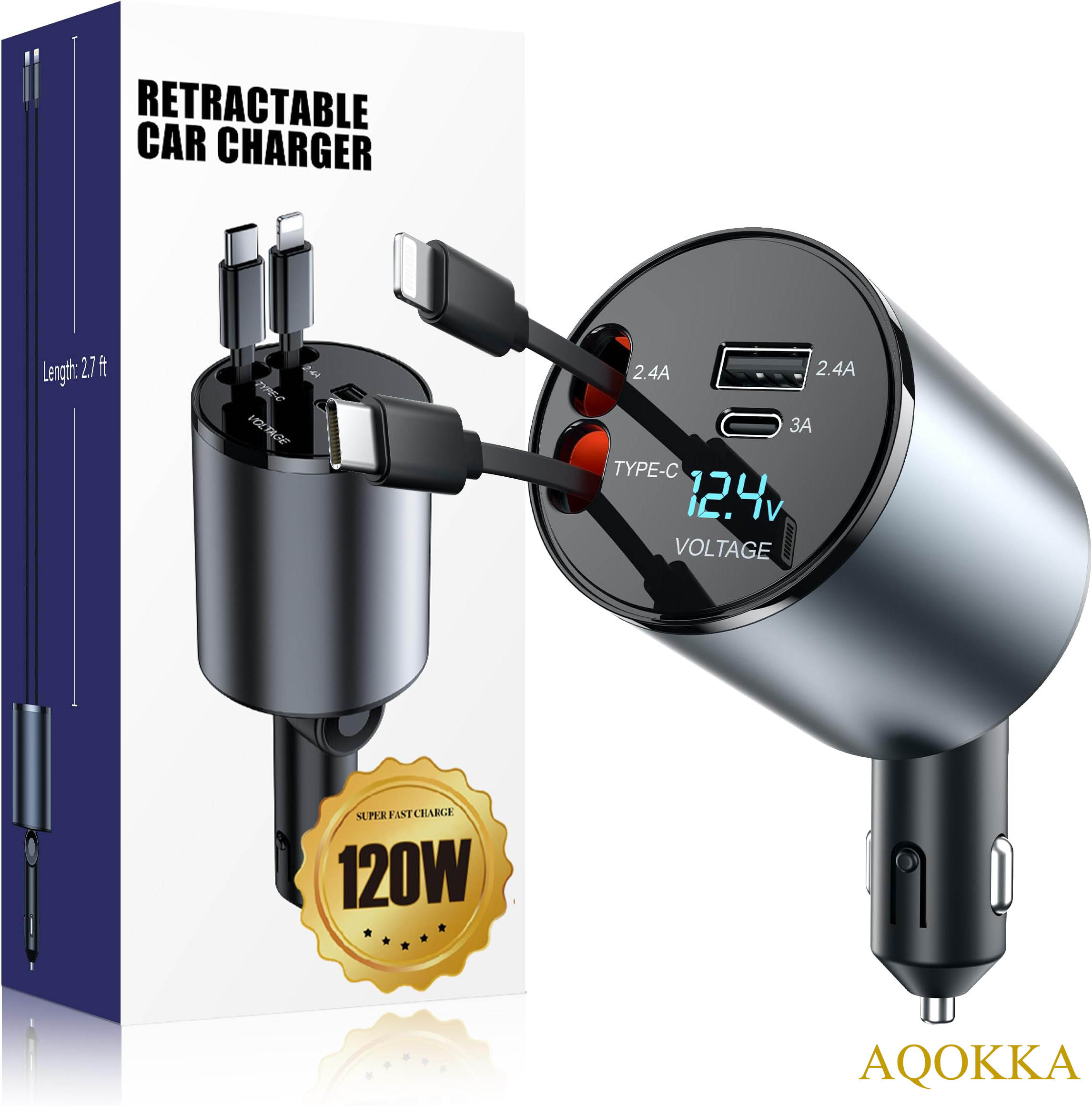 AQOKKA Retractable Car Charger 120W, 4 in 1 Super Fast Charge Car Phone Charger, Retractable Cables and 2 USB Ports, Car Charger Adapter for iPhone 15/14/13/12 Pro Max XR, iPad, Samsung