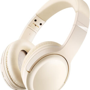 AQOKKA SN-A2 Headphones Wireless Bluetooth with Mic, Lightweight On Ear Aesthetic Headphone, Deep Bass, Bluetooth 5.3, 20+H Playtime, Portable Wired Headphones for School, Travel, Gym - Beige